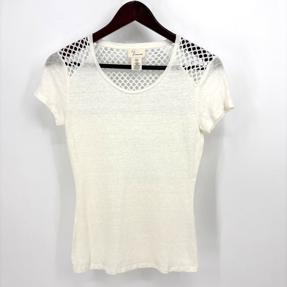 Andrea Jovine 100% Linen Shirt Mesh Shoulder Back Women XS White Short Sleeve